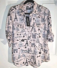 KARL LAGERFELD LOVE FROM PARIS PINK AND BLACK PRINT BLOUSE Roll Tab LS NWT (S)