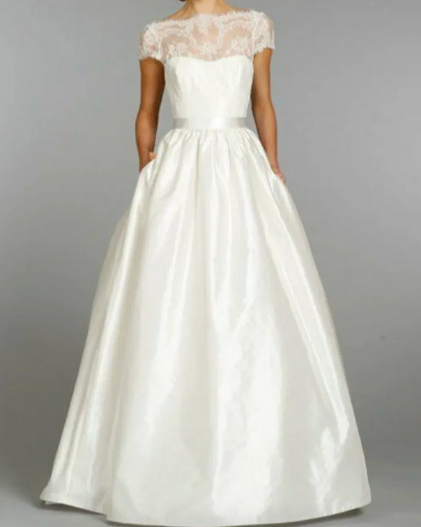 Tara Keely 2357 Wedding Dress 6-12 Eggshell Lace Illusion Shantung Silk Skirt US