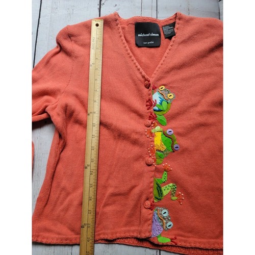 Michael Simon Salomon Colored Cardigan Sweater With Beaded Green Frogs Size M - Picture 8 of 13