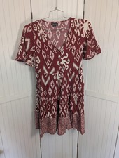 Blue Vanilla Ikat Print Tiered Mini Dress Red White Boho Viscose US 10