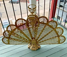 Antique Brass Peacock Fold Fan Fireplace Screen French Cameo Victorian Dragon