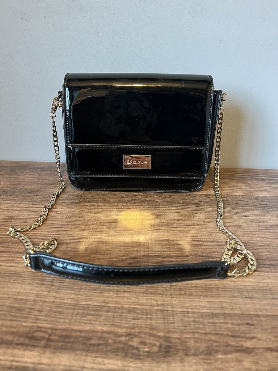 DUNE LONDON BLACK GOLD CHAIN PATENT SHOULDER CLUTCH GRAB BAG UK