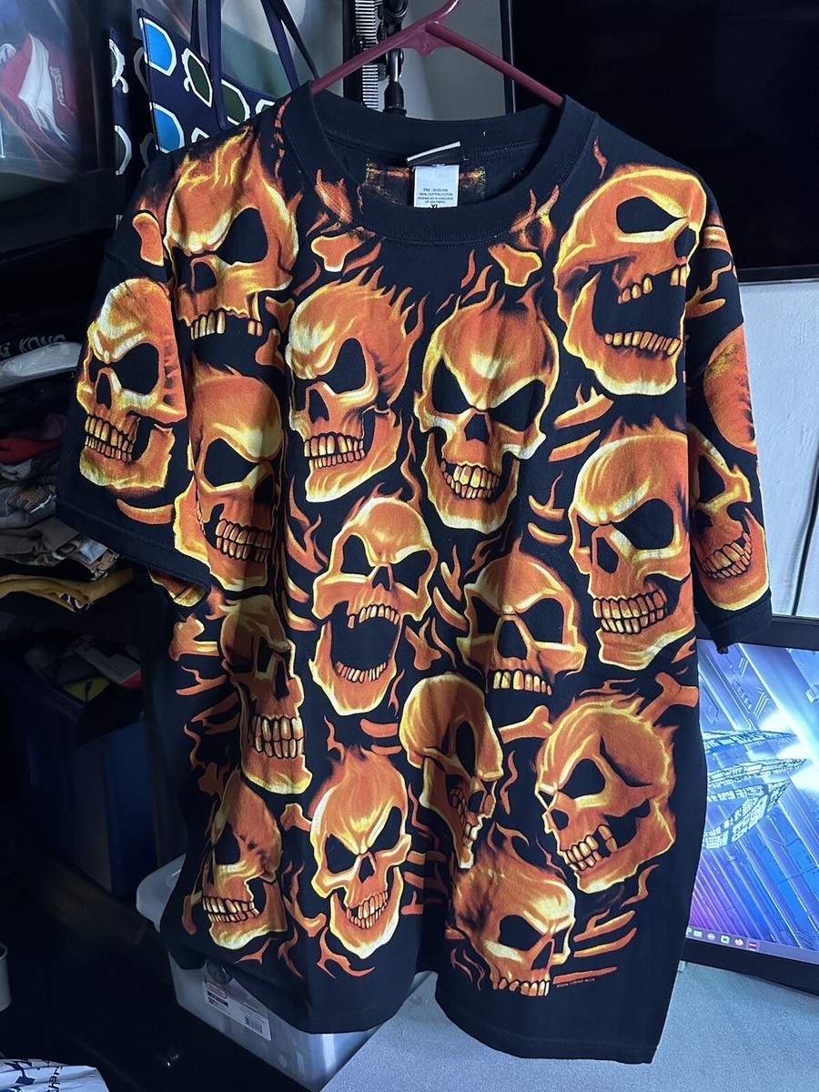 VTG Liquid Blue Skull Pile T Shirt Black Orange Red All Over Print