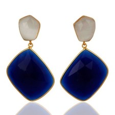 Blue Corundum White Moonstone Gemstone Jewelry 925 Sterling Silver Gift Earring