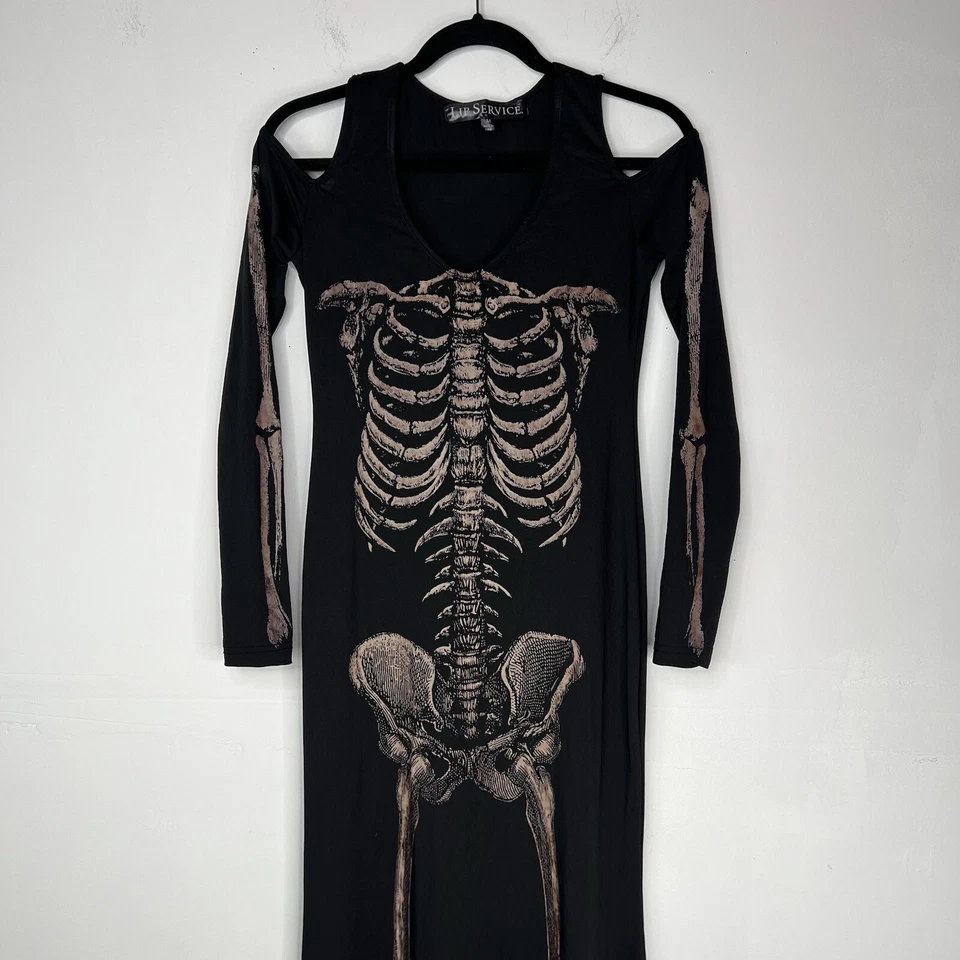 Vestido elástico osso esqueleto serviço labial tamanho M caprichoso bruxa ombro frio - Imagem 3 de 4