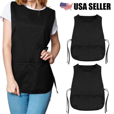 2Pcs Solid Cooking Kitchen Restaurant Bib Apron Unisex Dress Black with 2 Pocket