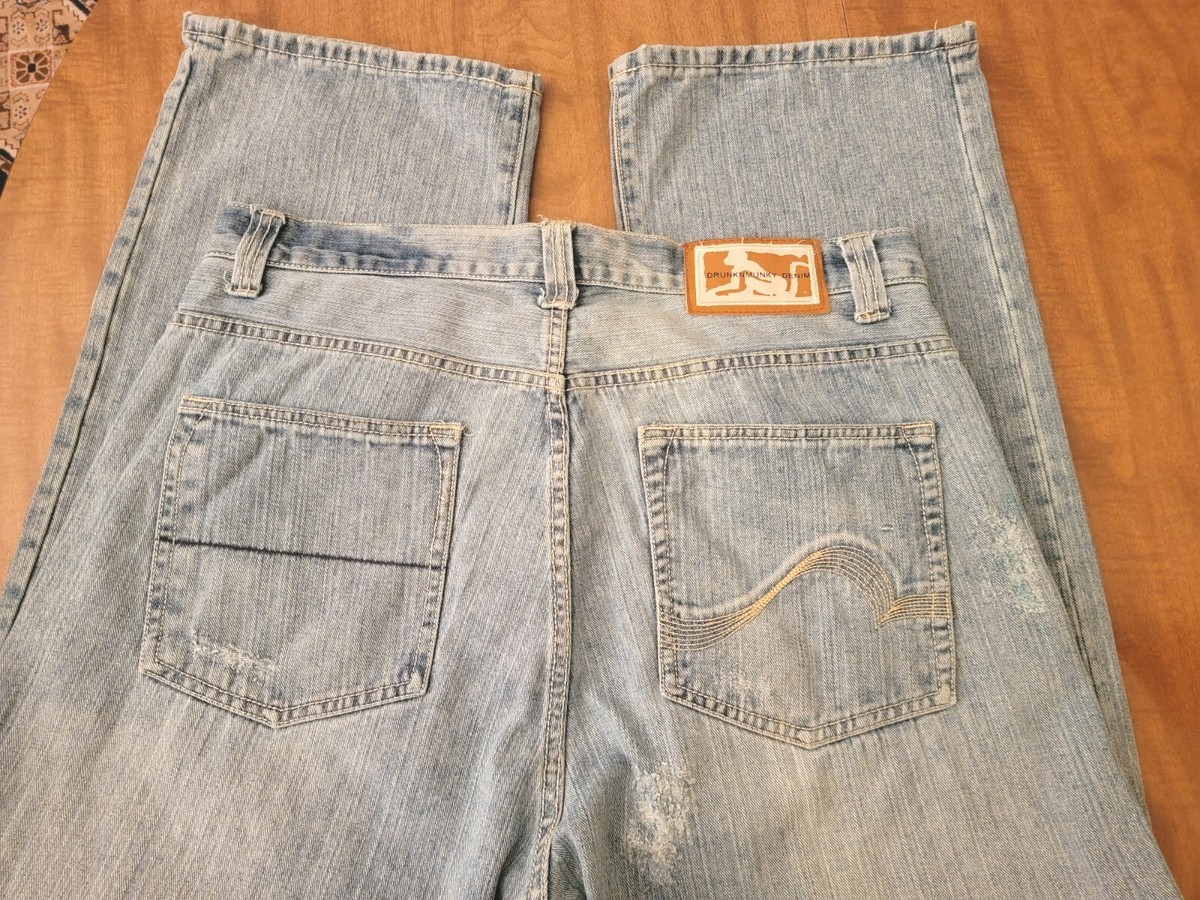 DRUNKNMUNKY MENS BLUE JEANS VINTAGE Y2K BAGGY SKATER GRUNGE