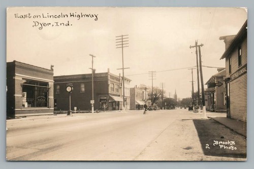 Lincoln Highway DYER Indiana RPPC Antique Brooks Photo~National Bank ...