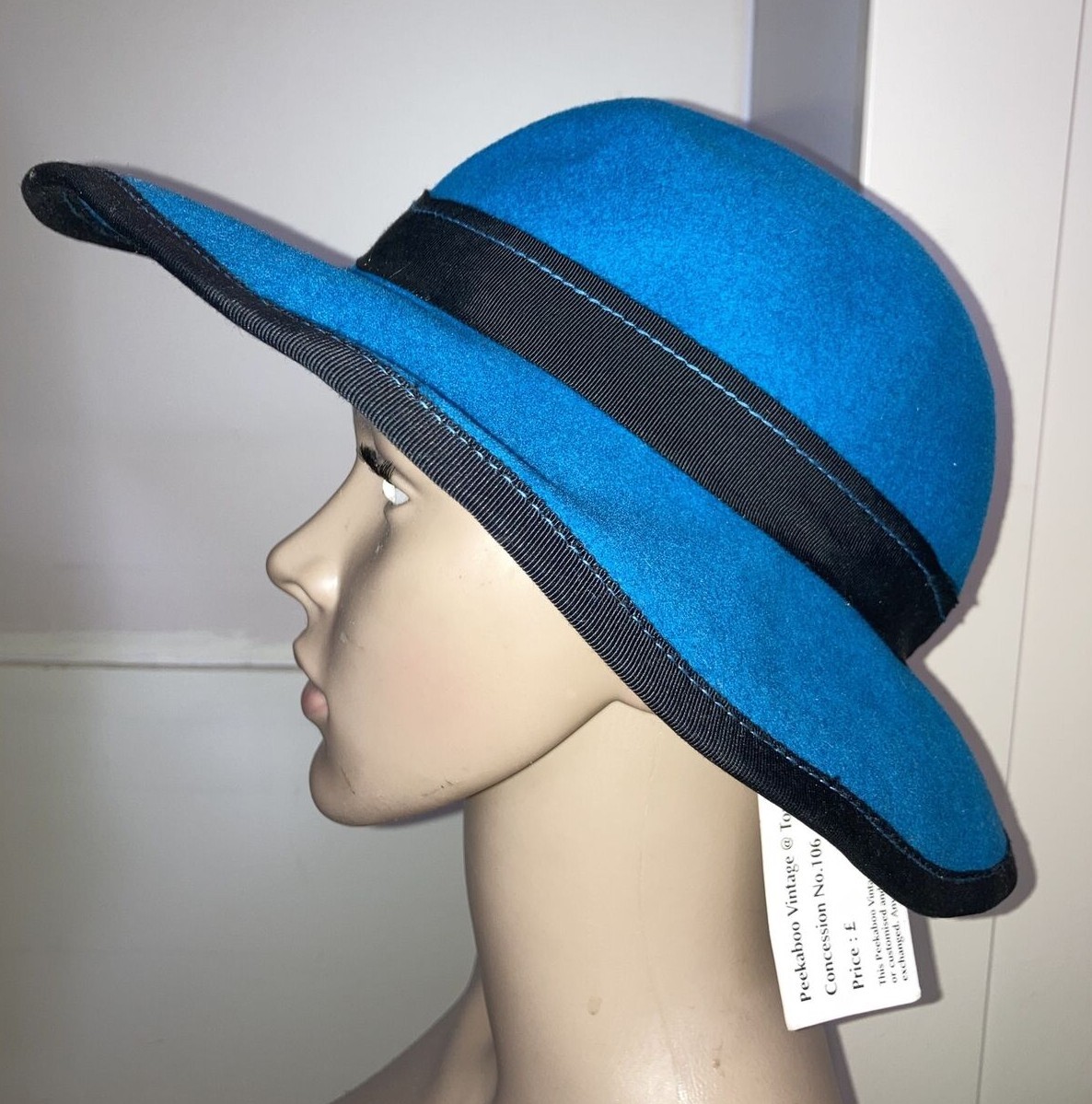 Peekaboo Vintage Topshop/Bermona Trend Petrol Blue Felt Hat, Band & Bow, Size M 6