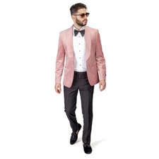 Shawl Lapel Velvet Tuxedo Pastel Pink 1 Button Suit Black Pants Flat Front AZAR
