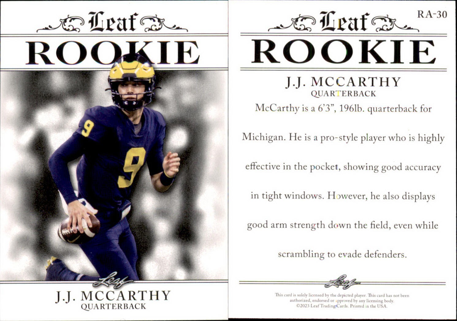 2023 Leaf Rookie Achievement J.J. McCarthy RC Rookie #RA-30 Michigan Wolverines