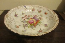Antique Dresden Porcelain Germany Round Serving Bowl Flowers Gold 9.75"