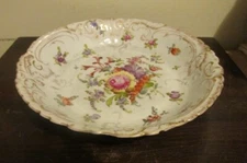Antique Dresden Porcelain Germany Round Serving Bowl Flowers Gold 9.75"