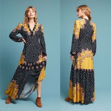 Farm Rio Anthropologie Womens Intarsia Boho Black Floral Block Maxi Dress XS NWT