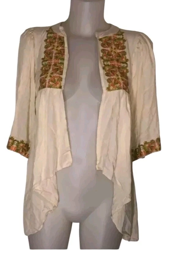 Cárdigan kimono boho festival Lagenlook bordado floral beige para mujer talla XS Foto 2 de 4