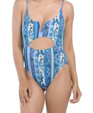 New Lucky Brand Womans Sz Medium Swimsuit One Piece Blue Floral Geometric NWT