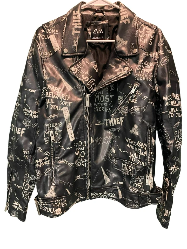 Chaqueta de Motociclista con Cremallera ZARA Para Mujer XL Negra Imitación Cuero Gráfico Graffiti