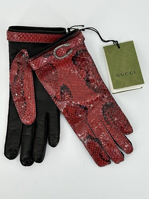New Luxury Genuine GUCCI Women's Gloves Leather Python-679583-Leather Size-7.5-M r