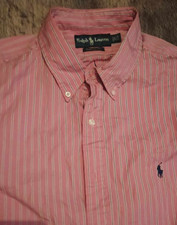Polo Ralph Lauren Shirt Mens 17.5 Pink Blue Striped Long Sleeve Button Up    