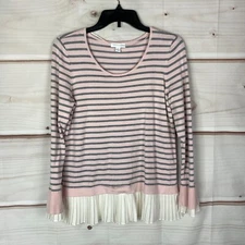 Charter Club Sweater Womens M Pink Gray Stripe Layered Look Pleated Hem Pullover