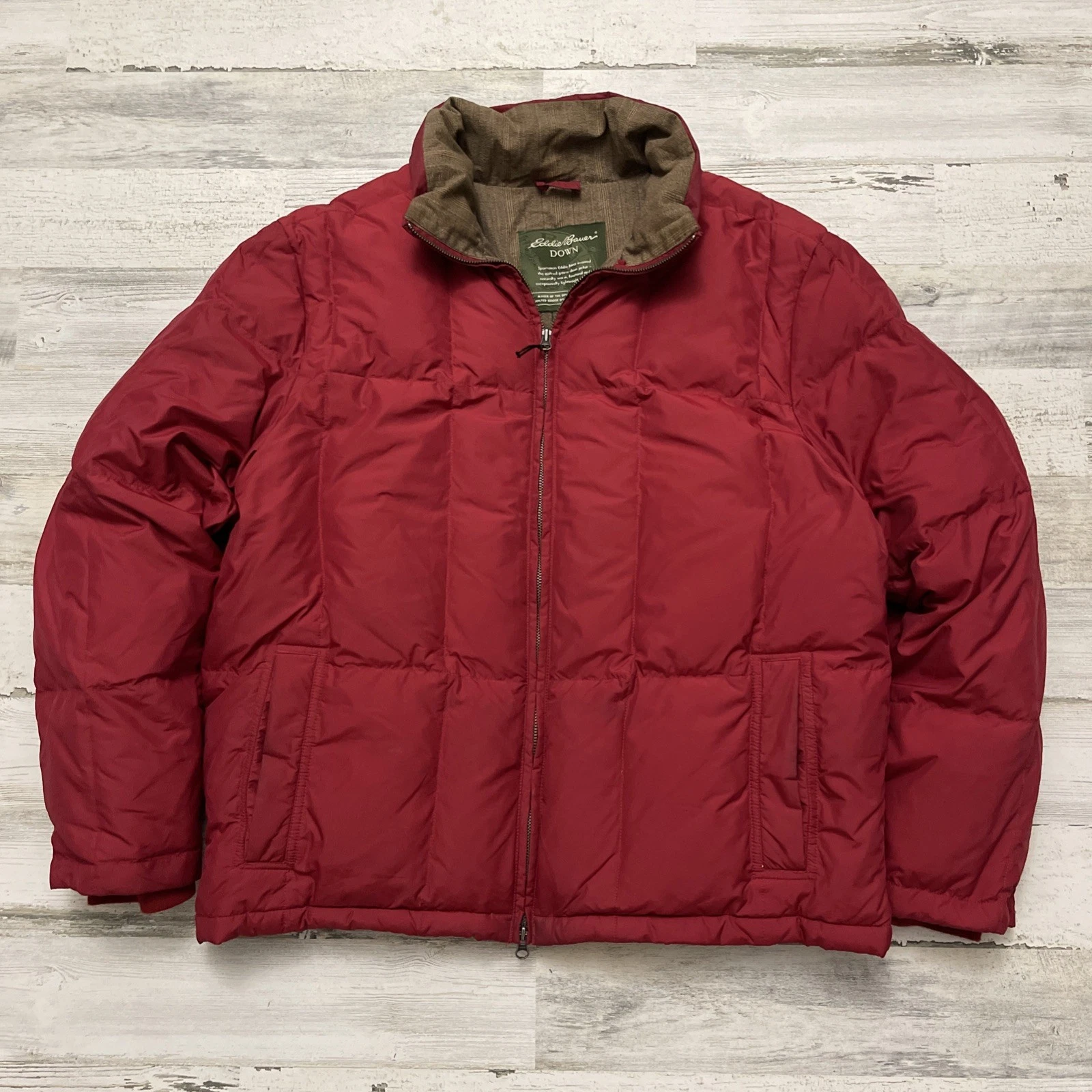 Eddie Bauer XLARGE Goose Down Jacket Coat Red Cotton Liner Quilted Full Zip