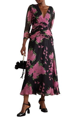 Rixo Damen Racquel Floral Midikleid Blossom Pink/Schwarz Rüschen V-Ausschnitt S14 - NEU