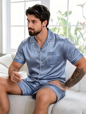 Men's Satin Silk Pajama Set Short Sleeve Button Down 2-Piece Loungewear Pyjamas