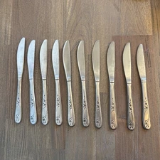 Rogers Co Stainless FLORAL MIST Dinner Knives 8.25” Korea Lot of 10, Vintage