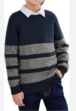 Boys Long Sleeve Striped Knit Crewneck Pullover Sweater Navy Blue Small Medium