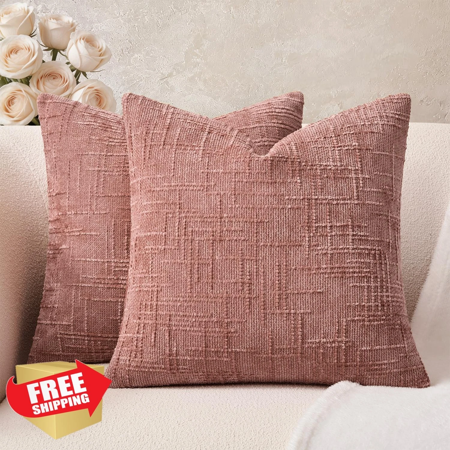 GriNeed Pink Chenille Pillow Covers Set 2 18x18 Inch