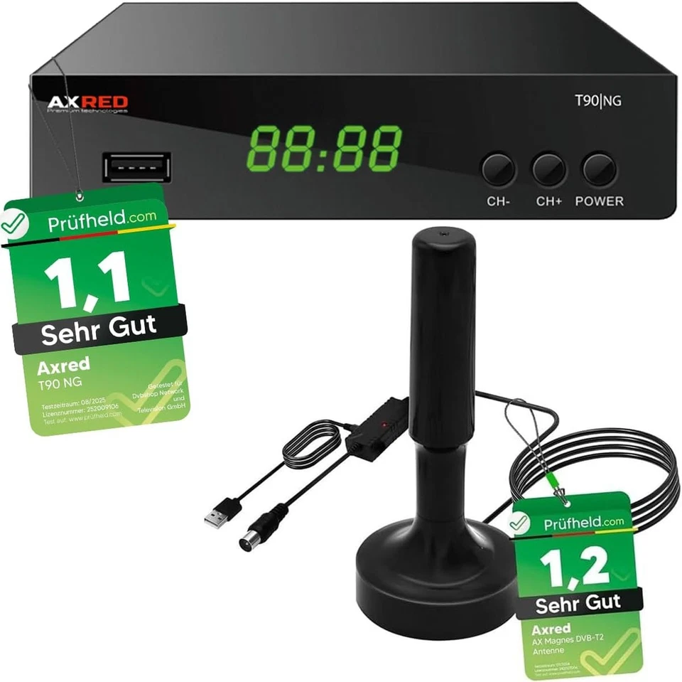 AXRED T90 HD DVBT2 Receiver + AX Magnes DVB-T/DVB-T2 Antenne - Komplettset