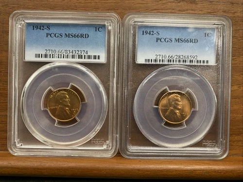 Lot 2 Cent 1942 S Lincoln Wheat Cent Penny PCGS MS 66 RD
