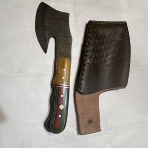 Damascus Steel Tactical Hatchet Multicolor Wood Handle w/ Leather Sheath