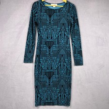 Sans Souci Teal Black Velvet Flocked Geometric Bodycon Midi Dress Womens Size M