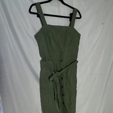 GAP Green Cotton Twill Overall Midi Dress Square Neck Button Belted Size 6