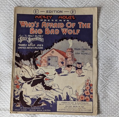 Seltene Mickey Mouse Who's Afraid Of The Big Bag Wolf Noten 1933 Little Pigs 