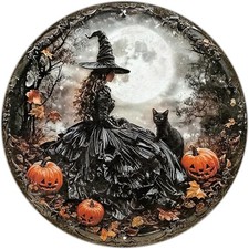 Round Happy Halloween Black Cat Vintage Tin Metal Signs Home D cor 8x8