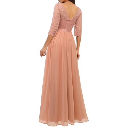 Damen Kleid Spitze 3/4 Ärmel A Linie Lange Abendkleid Cocktailkleid Rosa M - Bild 4 von 5
