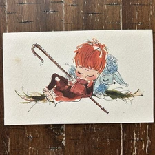 Vintage Mid-century Christmas Card Sleeping Shepherd Boy With Sheep Religious