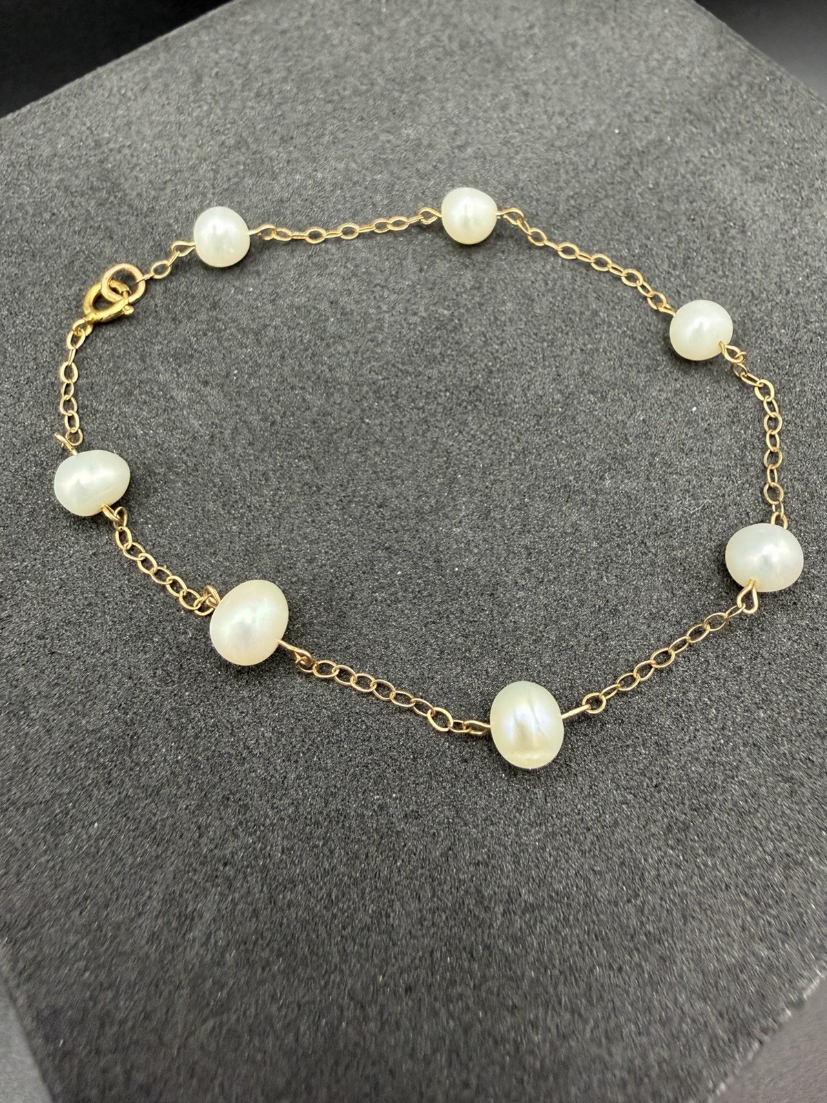 Vintage 14k Solid Yellow Gold 5mm-6mm White Pearl Chain Bracelet 7”