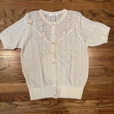 VINTAGE RARE IVORY CROCHET KNIT CROQUETTE COTTAGE BOHO INDIE CARDIGAN MED LG