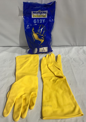 #ad #ad 12 YELLOW LINED HOUSE HOLD KITCHEN CLEANING DISHWASHING LATEX RUBBER GLOVES SML $8.95