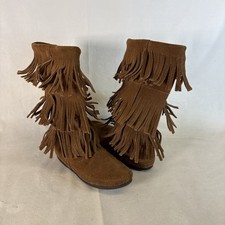 Minnetonka Womens Sz 7 Shin High Moc Boots Leather Fringe Suede Boho Festival