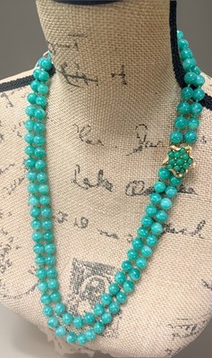 Estate Panetta Jade Green Glass Rhinestone Beaded Necklace Double Strand sbs 14K