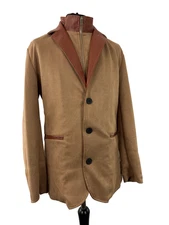 Manly Mens Brown Blazer Jacket Cotton Linen Blend Faux Leather Trim Size M BNWT