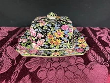 VTG Royal Winton Grimwades Esther Black Chintz Square Butter Dish with Lid
