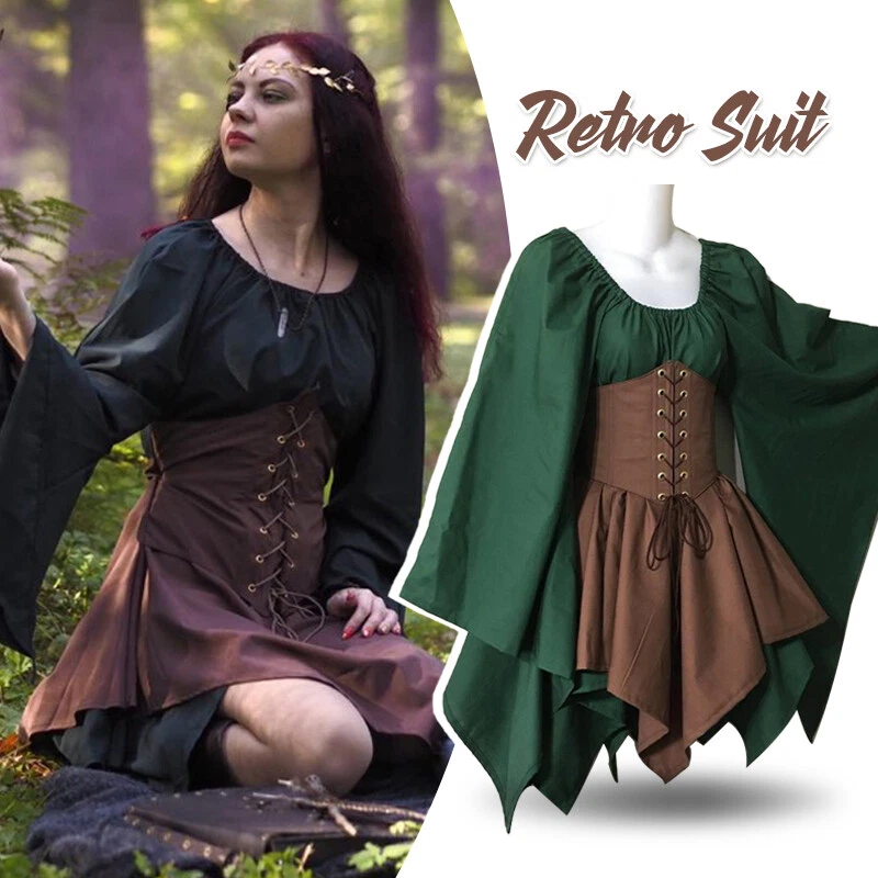 Vintage Medieval Corset Dress Long Sleeved Renaissance Halloween Cosplay  Dress