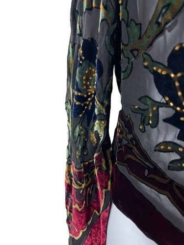 Y2K Silk Sheer Velvet Burnout Asymmetrical Floral Long Sleeve Top M Whimsigoth - Picture 6 of 11