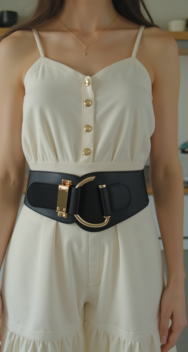 New Women Gold Metal Hook Buckle Elastic Black Fabric Cute  display picture 1