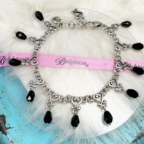 Brighton Vivaldi Hearts Black Crystal Cha Cha Dangles Silver Plate Bracelet - Picture 2 of 5
